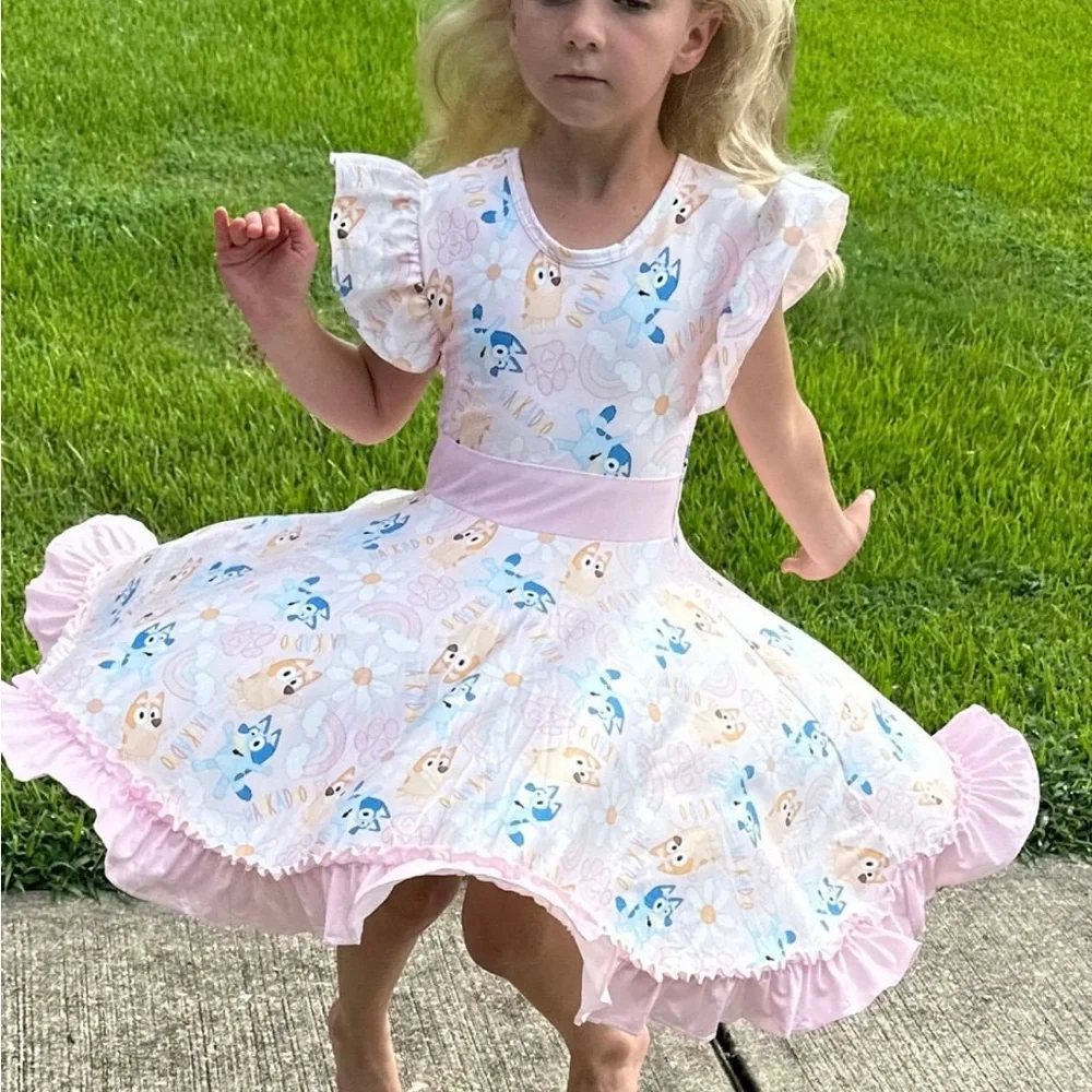 Bluey Bingo Ruffle Bow Back Twirl Girls Dress